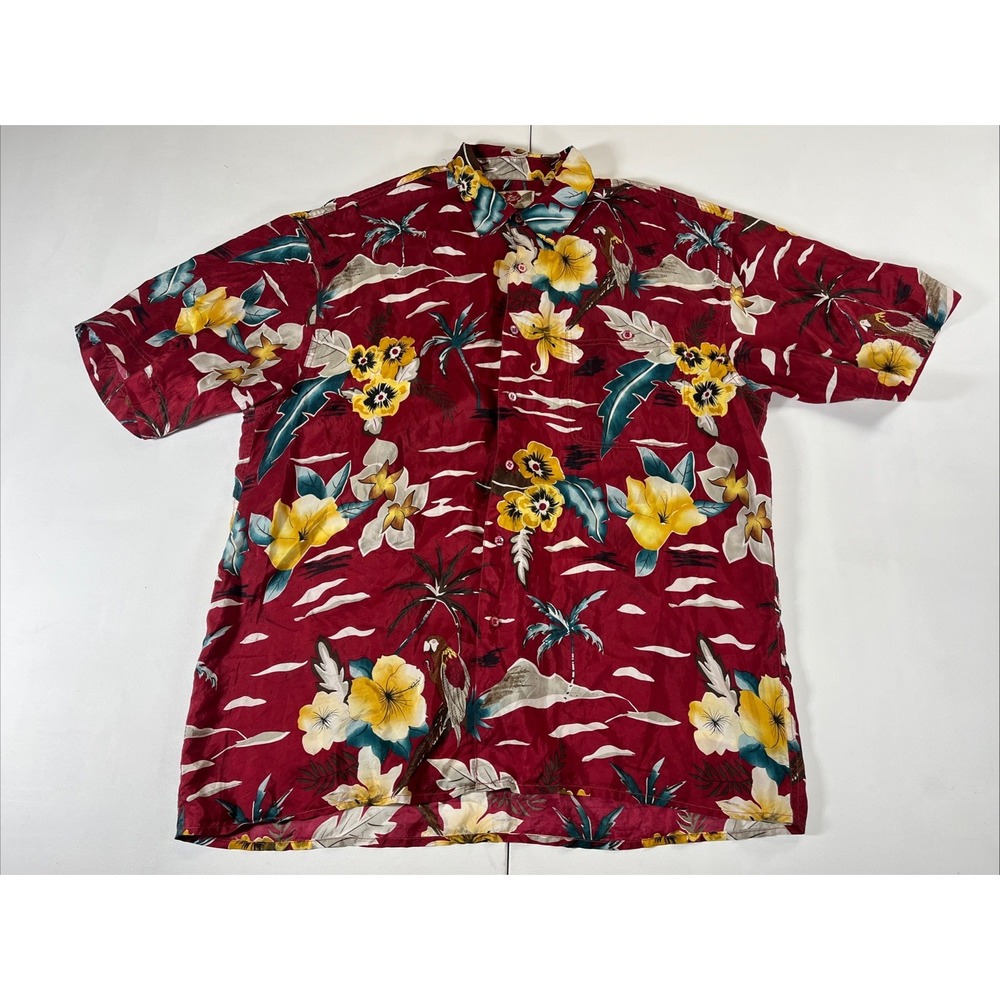 VTG Hilo Hattie Hawaiian Shirt Mens Large Red Floral and Birds Aloha Pocket Silk